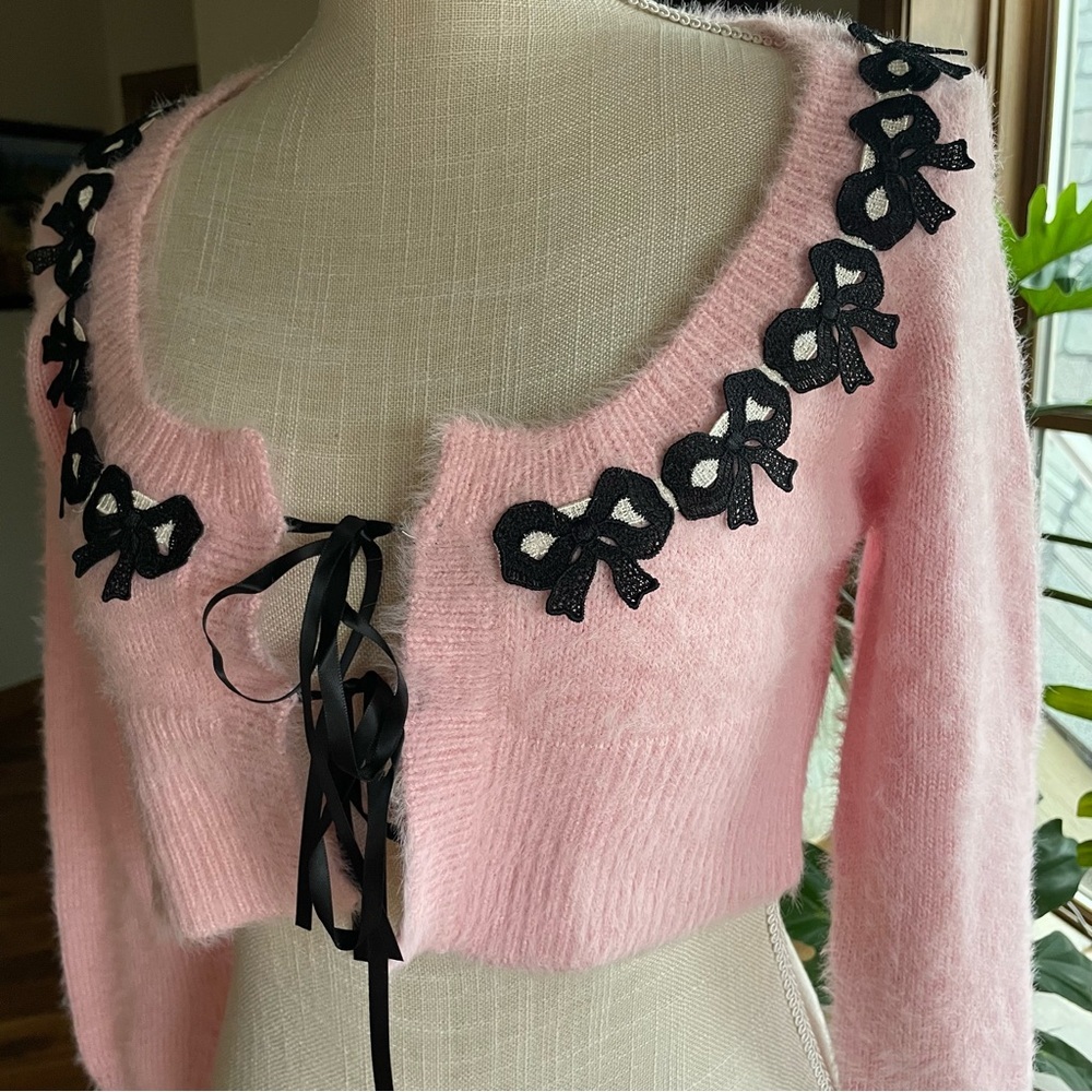 For Love & Lemons Josie Soft Fluffy Pink Bow Cardigan Sweater size small NWT - Picture 4 of 14
